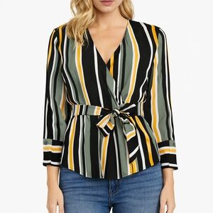 Japna ($70) Womens Striped Wrap Blouse Tie Waist V Neck Long Sleeve Top